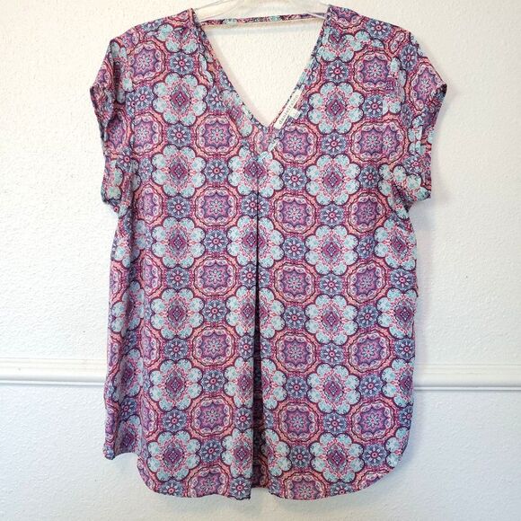 Daniel Rainn Top V Neck Blouse for Work Wear Size L Pink Geometric Design - Picture 1 of 11